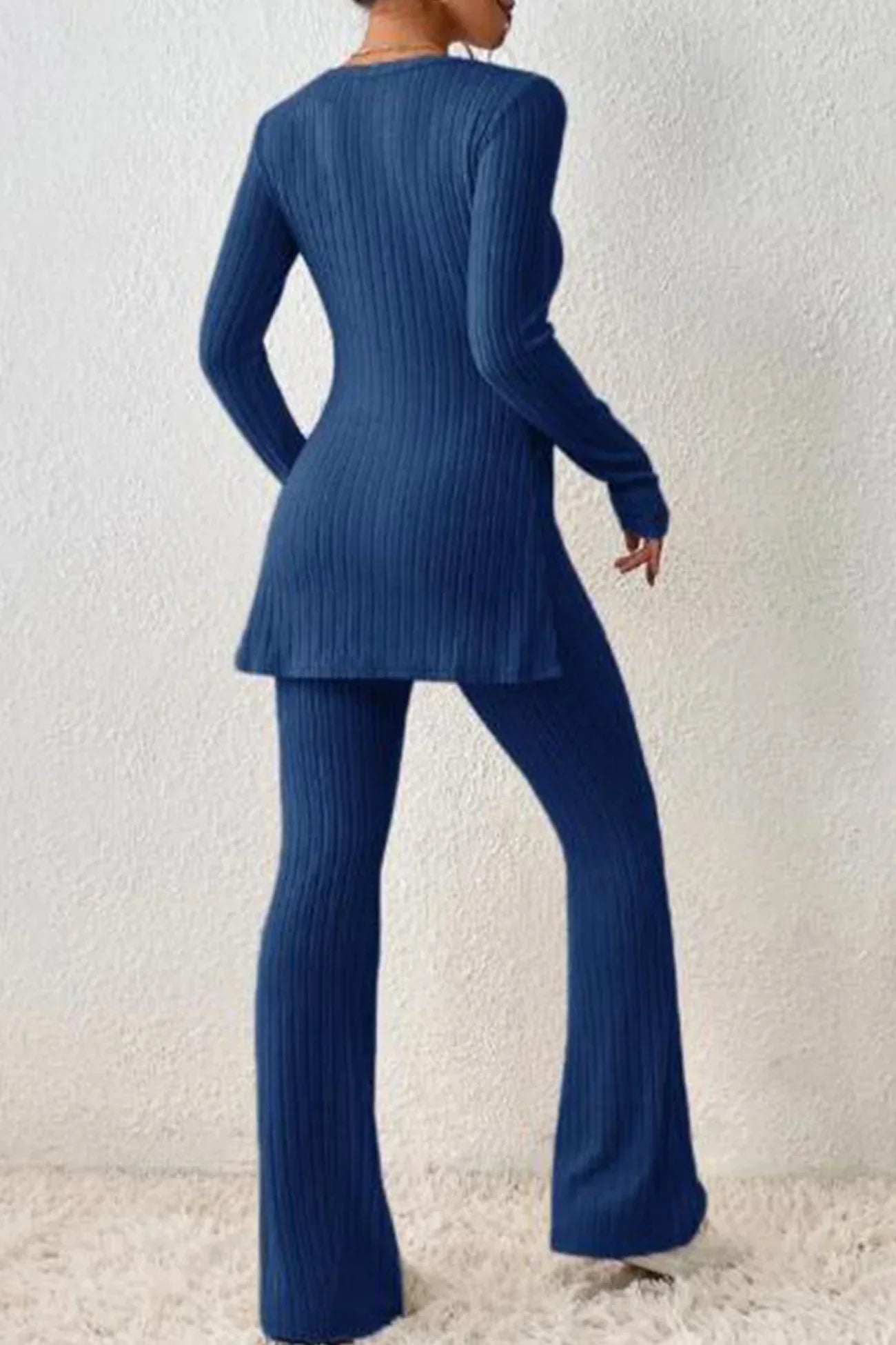 Dam Loungewear Set - Ribbad Stickad - Långärmad Tunika - Hög Midja Vida Byxor