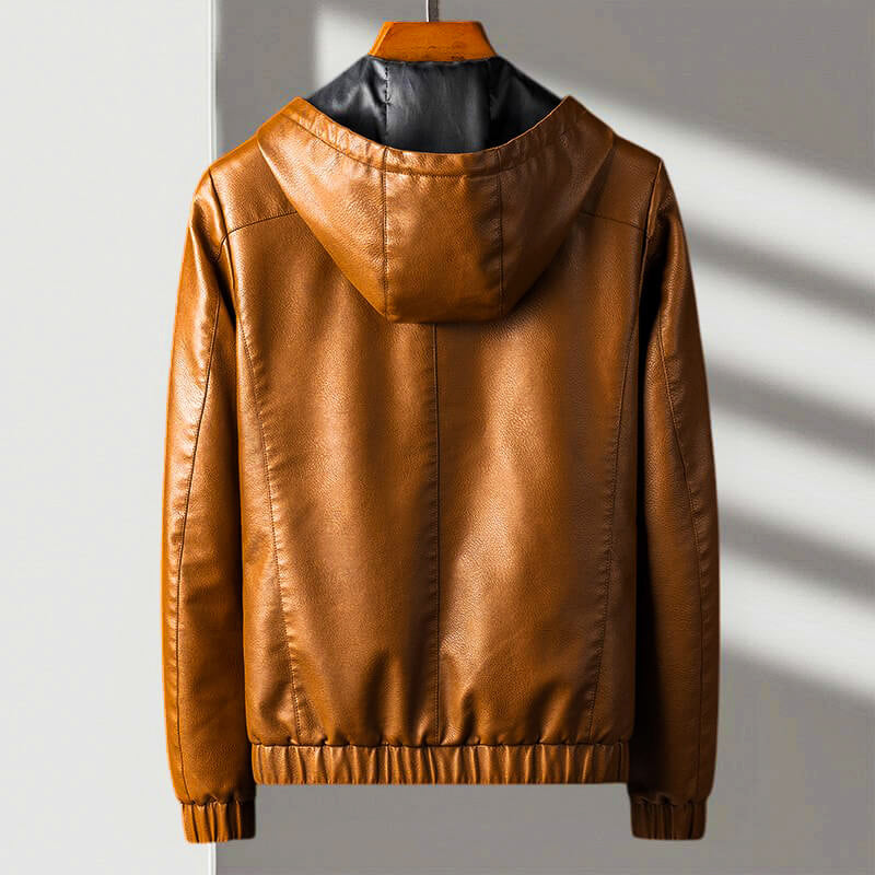 Herrjacka med huva – Regular fit – Dragkedja – Skinnlook – Ribbad fåll och manschetter