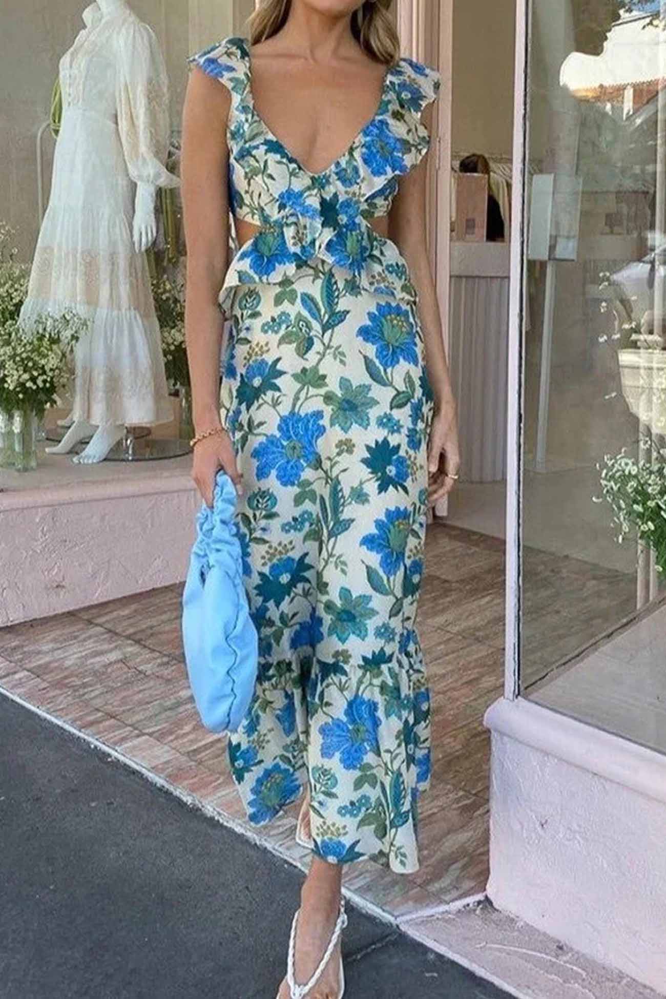 Maxiklänning för dam – V-ringning med volanger – Blommigt mönster – Ärmös med livfull design