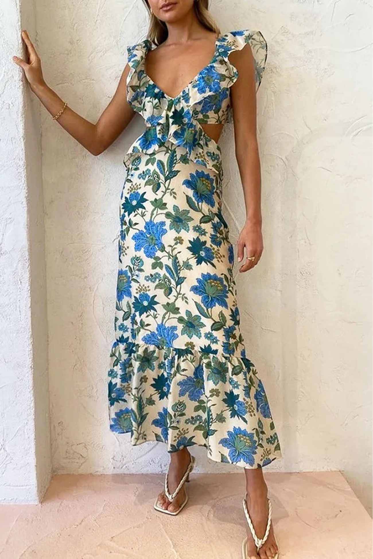 Maxiklänning för dam – V-ringning med volanger – Blommigt mönster – Ärmös med livfull design