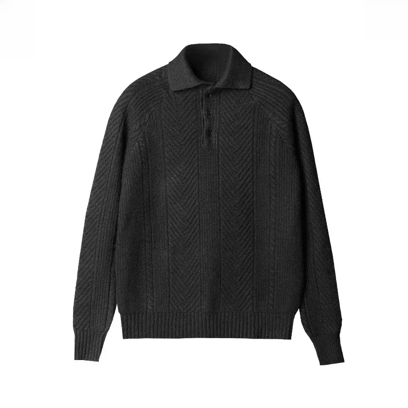 Herrtröja – Slim Fit – Kabelstickad Ullmix – Pikékrage – Lång Ärmar