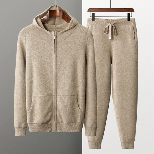 Herr Jogging Set – Avslappnad Passform – Mjuk Stickad – Hel Zip Hoodie – Muddade Byxor
