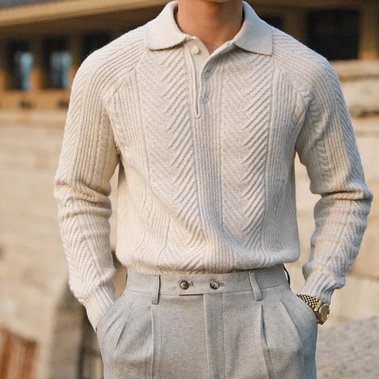 Herrtröja – Slim Fit – Kabelstickad Ullmix – Pikékrage – Lång Ärmar