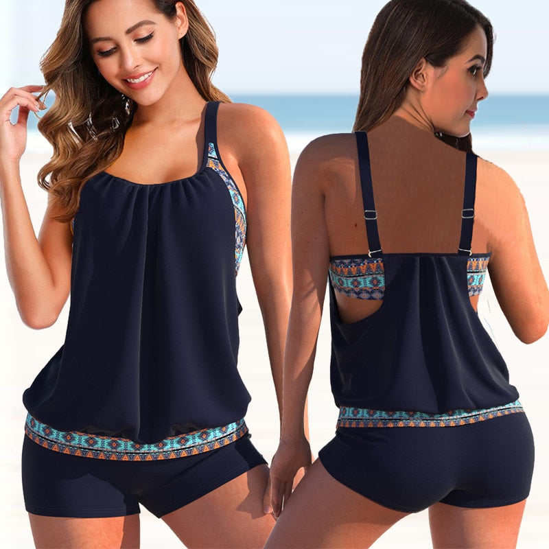 Dam Tankini-set – Bluslinne med Justerbara Axelband – Figurnära Shorts – Andningsbar Mix