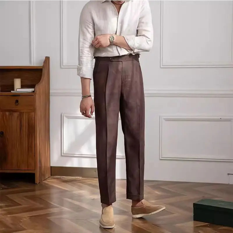 Herrbyxor – Skräddarsydda i Linne – Rak Passform – Flat Front – Formell Stil