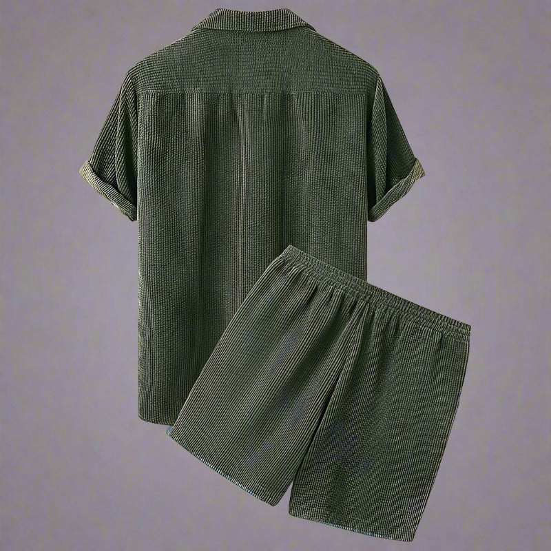 Herrset - Kortärmad Skjorta & Shorts - Ribbad Bomull - Avslappnad Passform - Knäppning & Bröstficka
