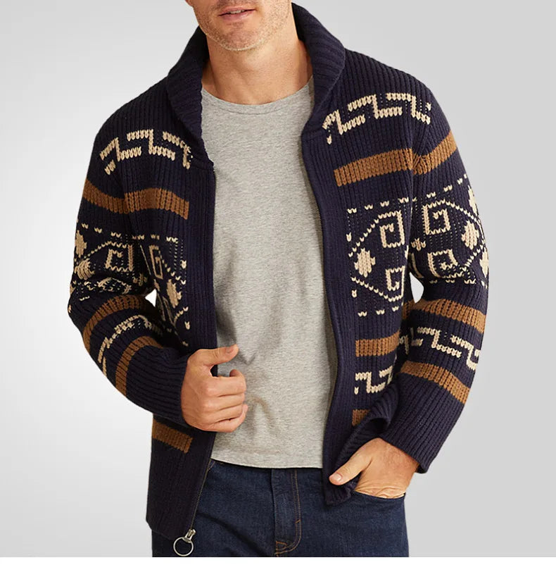 Herrkofta – Slim Fit – Ullstickad – Dragkedja – Nedvikt Krage – Mönstrad Ribbad