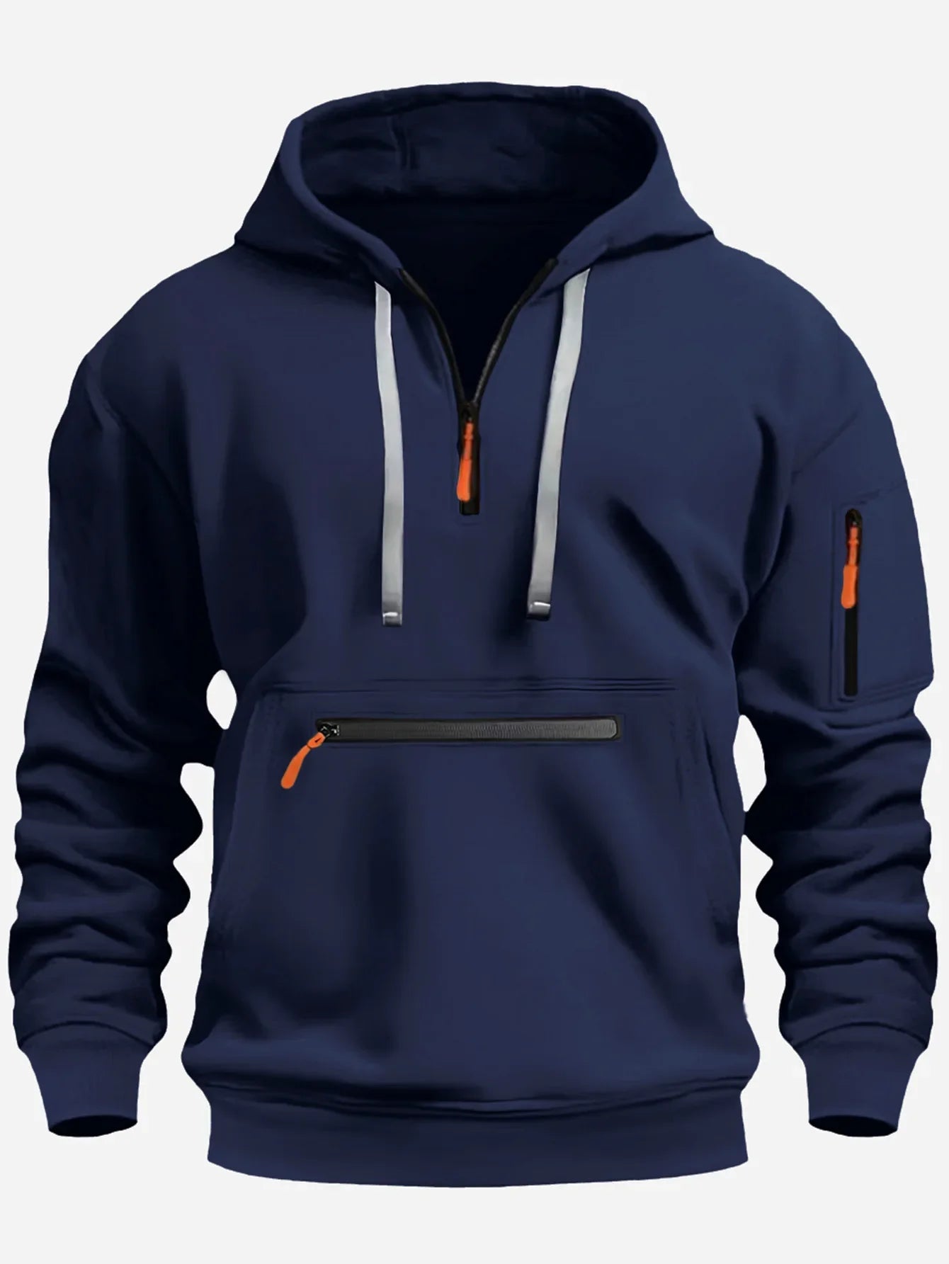 Herrtröja – Fleece – Lös Passform – Halvdragkedja – Huvträ – Dragkedjefickor