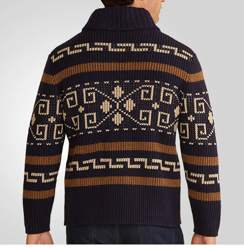 Herrkofta – Slim Fit – Ullstickad – Dragkedja – Nedvikt Krage – Mönstrad Ribbad
