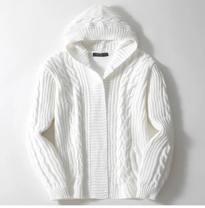 Herrkofta med huva – Avslappnad passform – Ullmix stickad – Öppen front casual