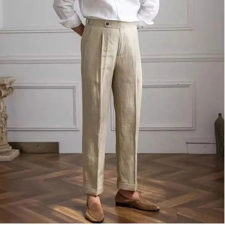 Herrbyxor – Skräddarsydda i Linne – Rak Passform – Flat Front – Formell Stil