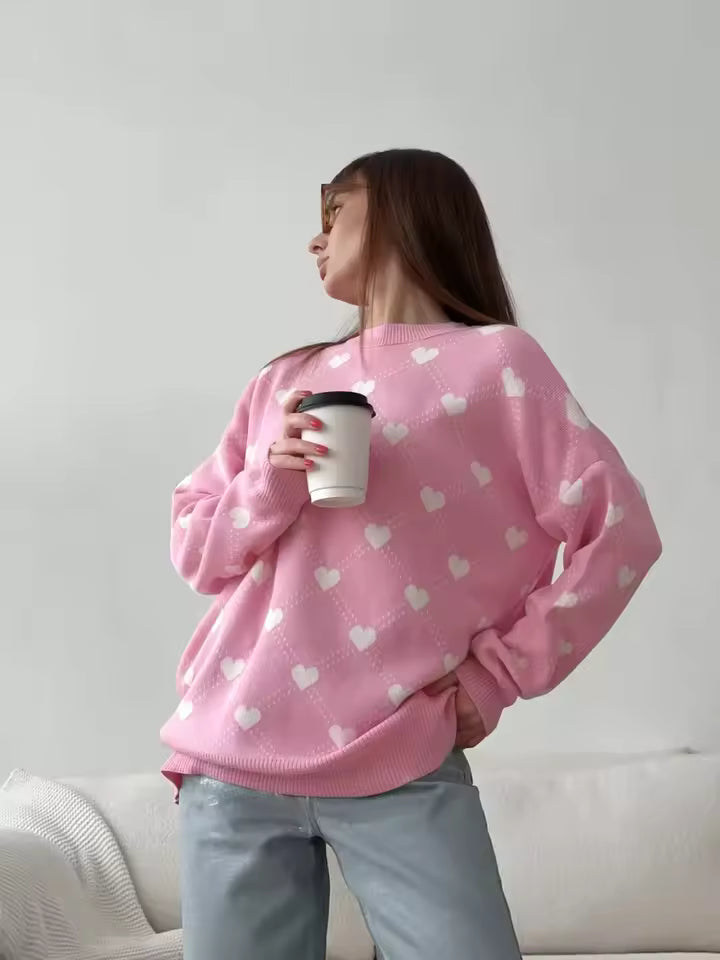 Damtröja – Stickad Pullover – Lös Passform – O-ringning – Ribbad Kant – Hjärtmönster