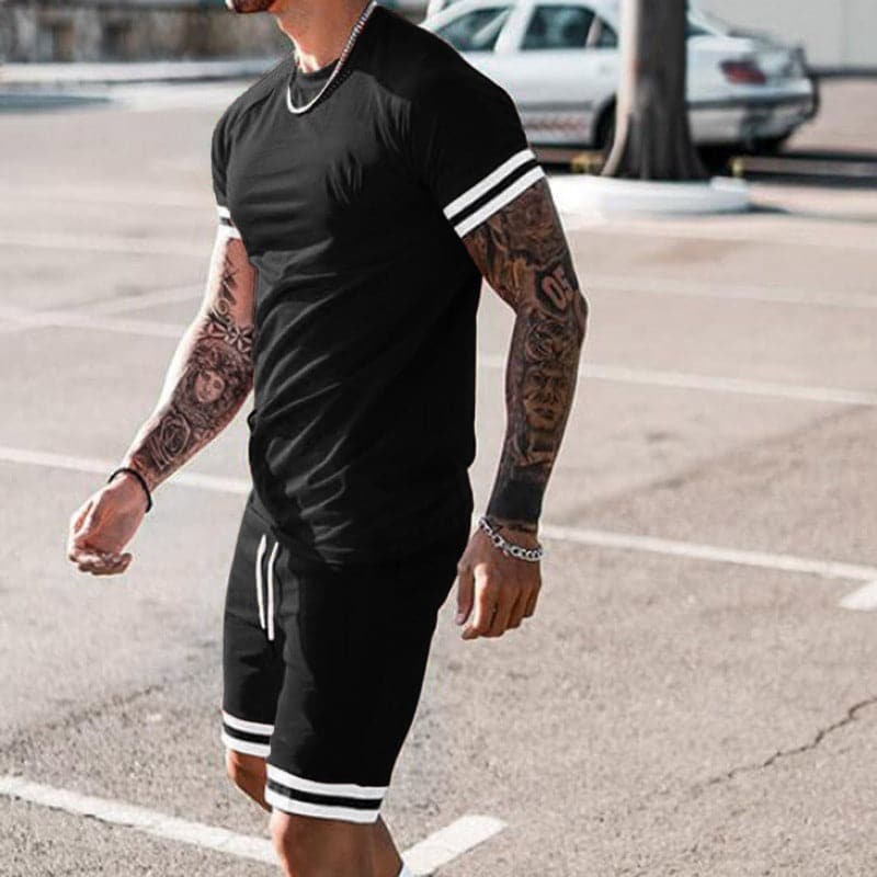 Herr Set – Kortärmad T-shirt & Shorts – Slim Fit – Andningsbart – Sportig Design