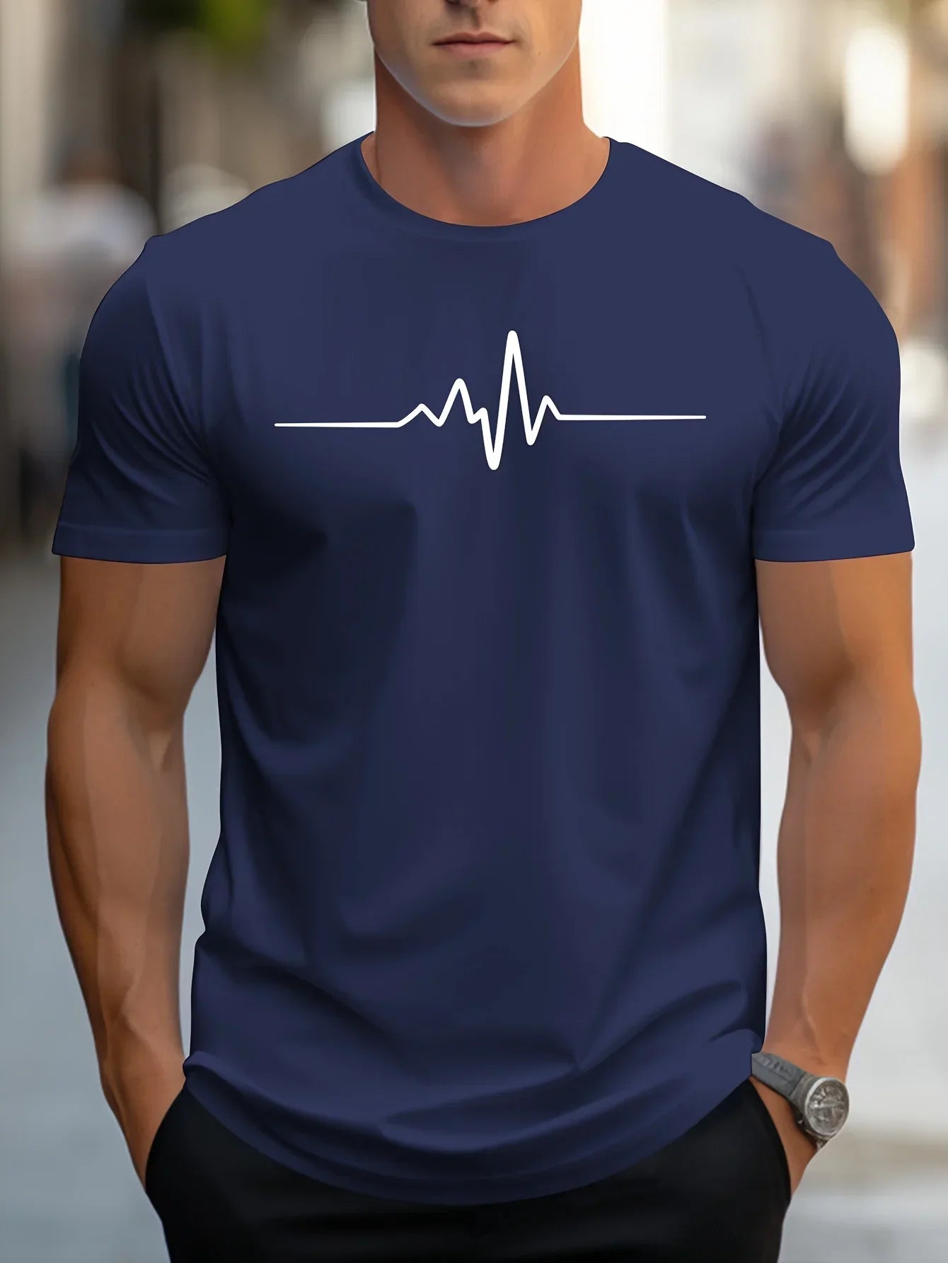 Herr T-shirt – Slim Fit – Mjukstickad – Rundhals – Kort Ärmslut – Grafiskt Tryck