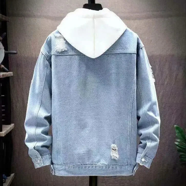 Herrjacka i denim – Lös passform – Slitna detaljer – Enkelknäppt streetwear