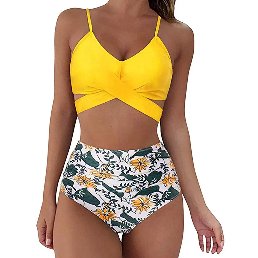 Dam Bikini Set – Slim Fit – Korsad V-ringad Topp – Höga Rynkade Trosor