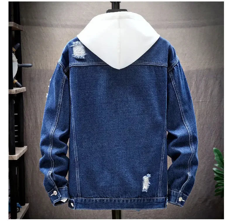 Herrjacka i denim – Lös passform – Slitna detaljer – Enkelknäppt streetwear