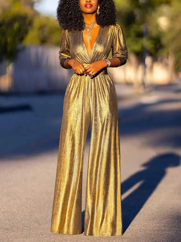 Damdress Jumpsuit - Elegant V-ringning - Vida Ben - Lyxig Glansig Finish