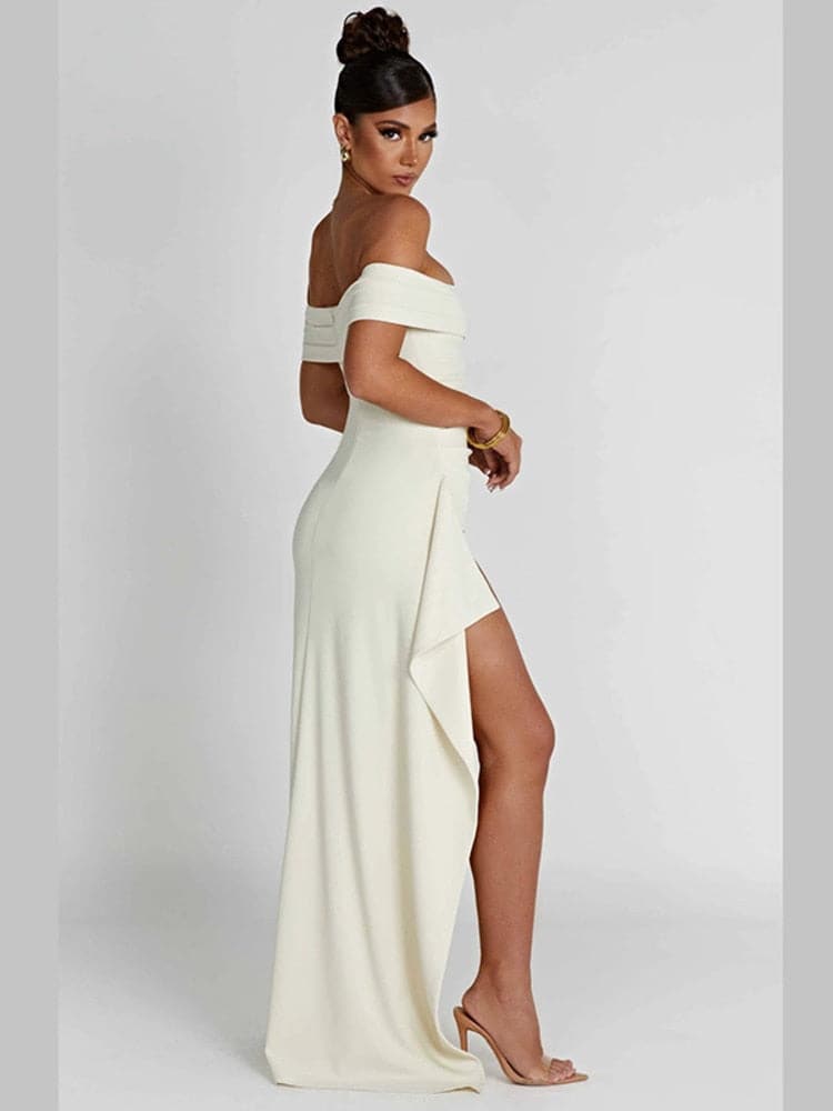 Elegant aftonklänning för dam – Off-shoulder – Figurnära passform – Golvlång med hög slits