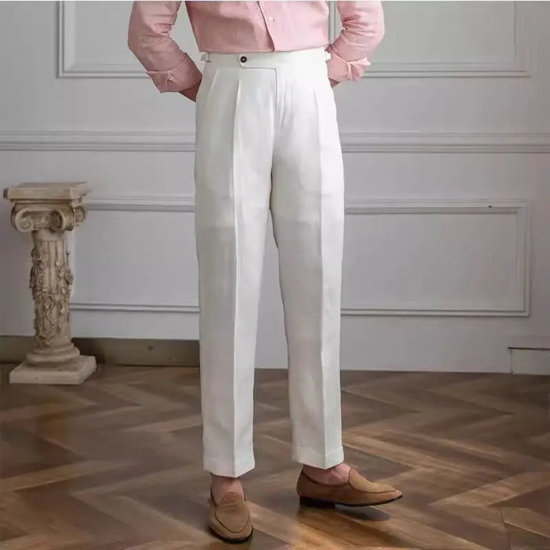 Herrbyxor – Skräddarsydda i Linne – Rak Passform – Flat Front – Formell Stil