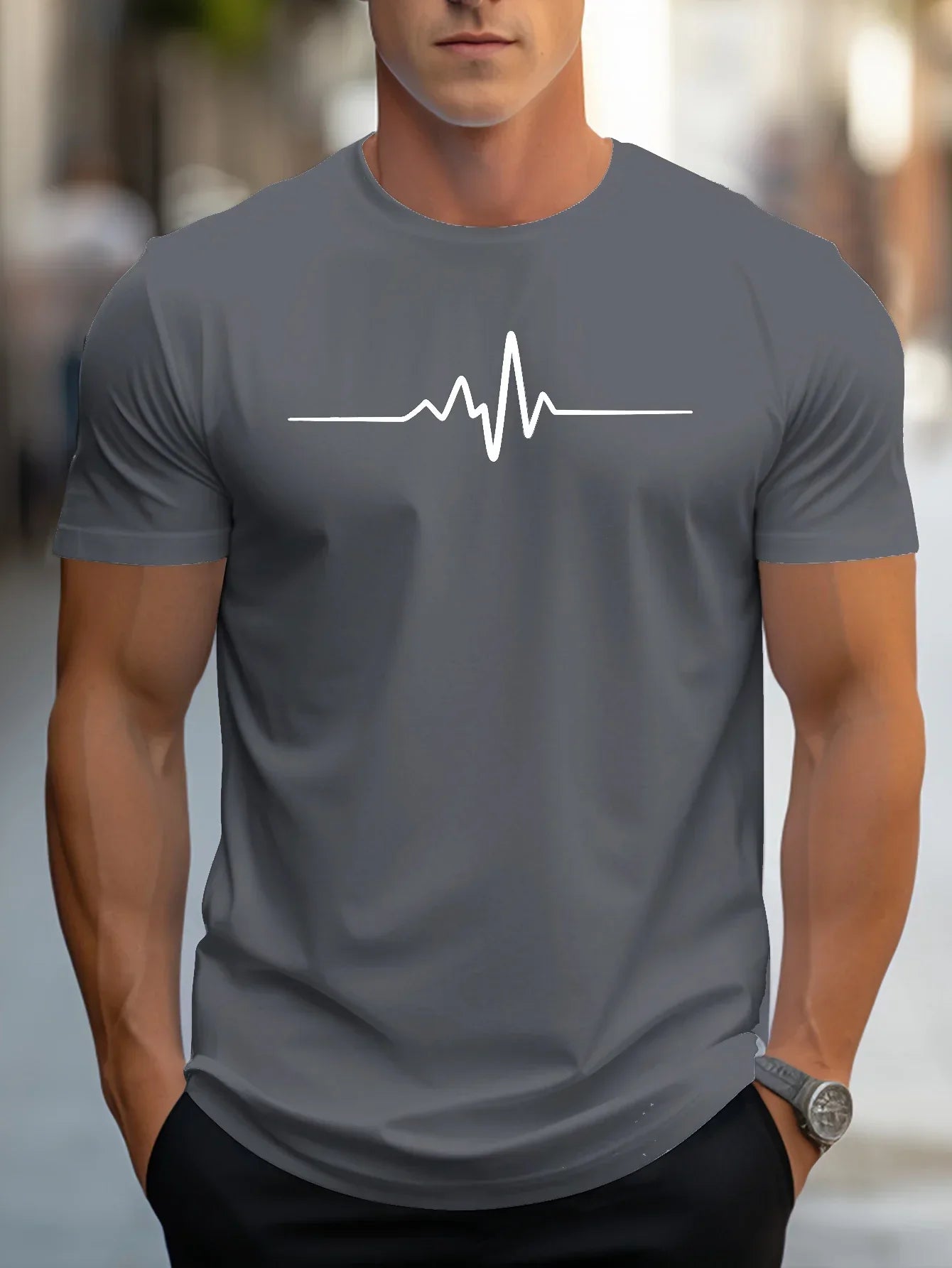 Herr T-shirt – Slim Fit – Mjukstickad – Rundhals – Kort Ärmslut – Grafiskt Tryck
