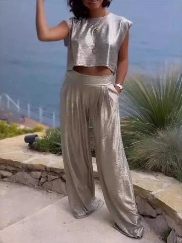 Damtvådelat Set - Ärm lös Crop Top & Vida Byxor - Bekväm Ledig Passform