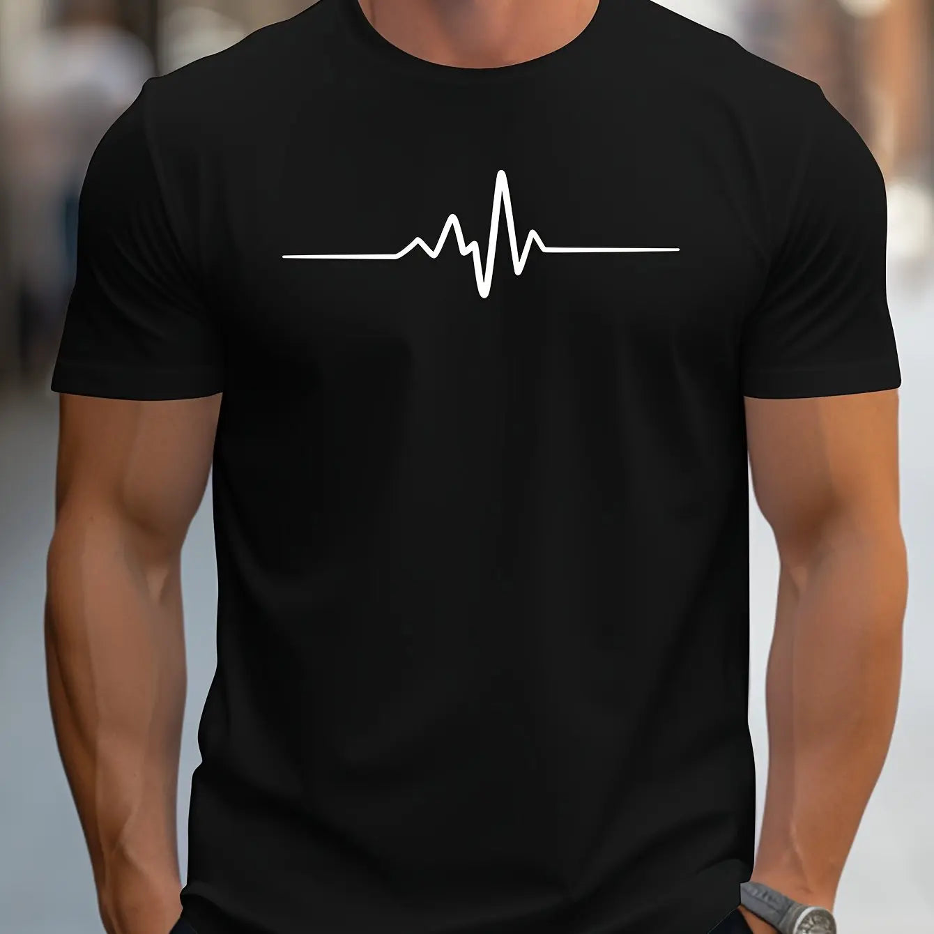 Herr T-shirt – Slim Fit – Mjukstickad – Rundhals – Kort Ärmslut – Grafiskt Tryck