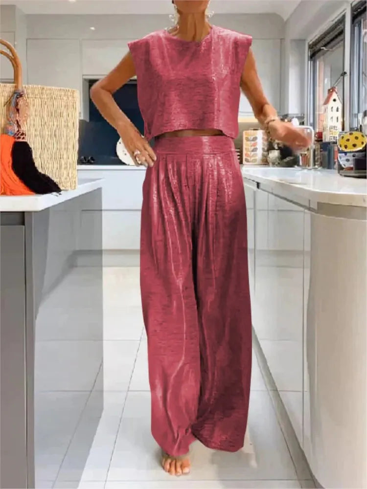 Damtvådelat Set - Ärm lös Crop Top & Vida Byxor - Bekväm Ledig Passform