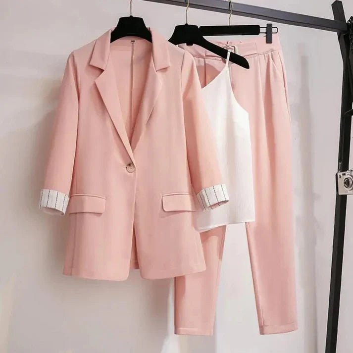 Dam Blazer Set – Skräddad Passform – Enkelknäppning – Slagkrage – Uppvikta Manschetter