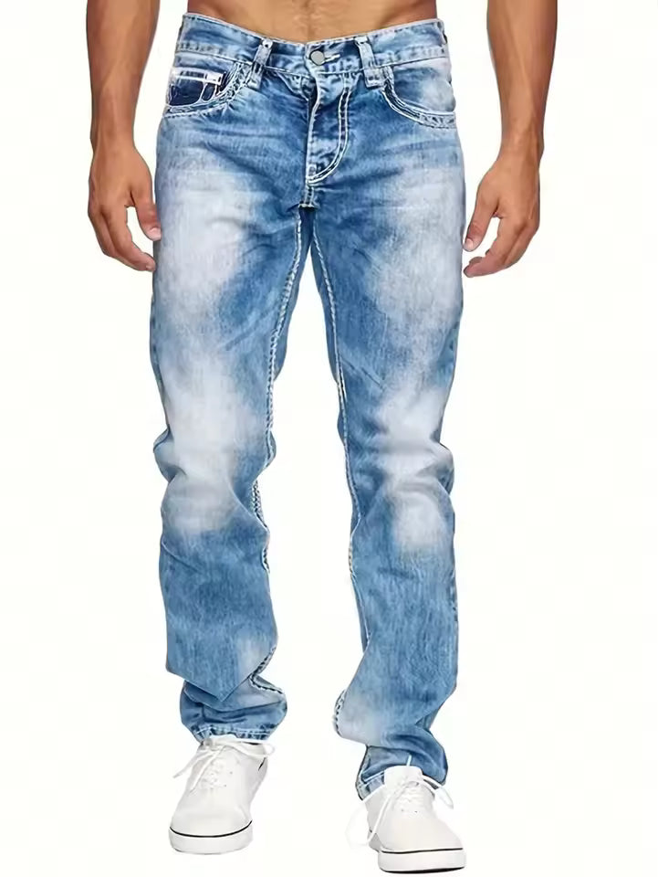 Herrjeans – Rak Passform – Denim – Kontraststickning – Fullängd – Vardagsstil