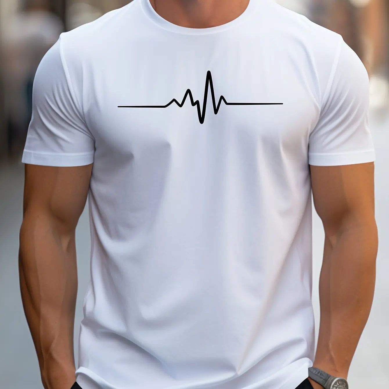 Herr T-shirt – Slim Fit – Mjukstickad – Rundhals – Kort Ärmslut – Grafiskt Tryck
