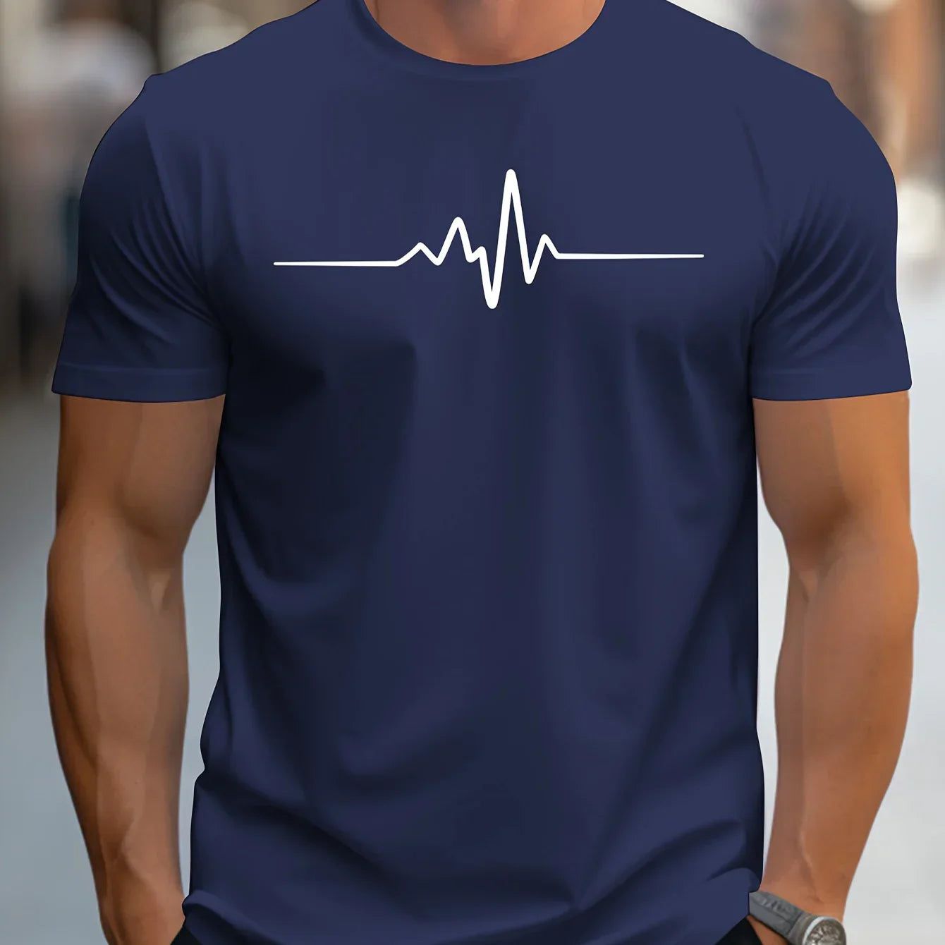 Herr T-shirt – Slim Fit – Mjukstickad – Rundhals – Kort Ärmslut – Grafiskt Tryck