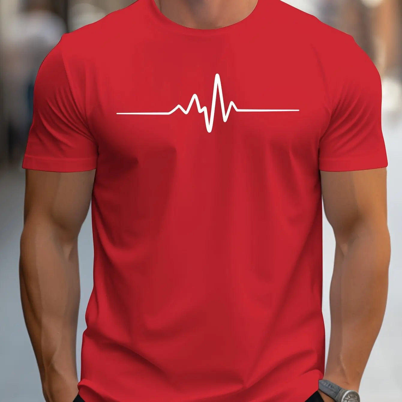 Herr T-shirt – Slim Fit – Mjukstickad – Rundhals – Kort Ärmslut – Grafiskt Tryck