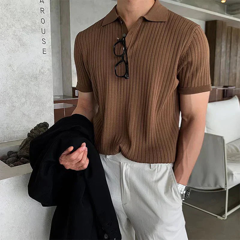 Herrpikétröja – Slim Fit – Ribbstickad – Kort Ärm – Andningsbar Stilren Design