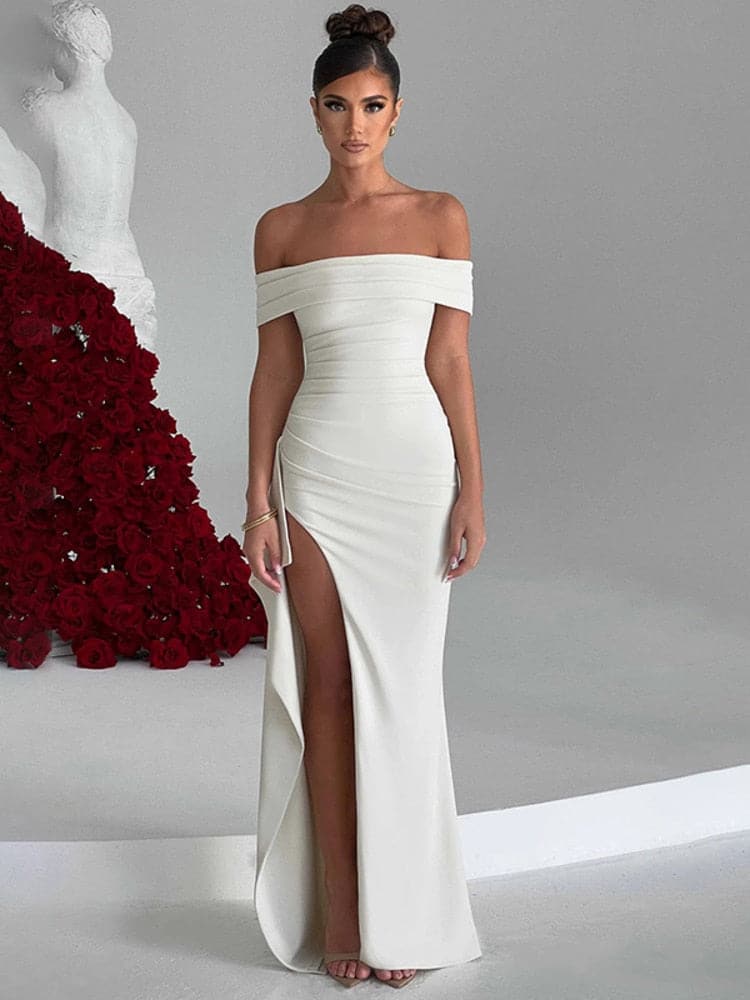 Elegant aftonklänning för dam – Off-shoulder – Figurnära passform – Golvlång med hög slits