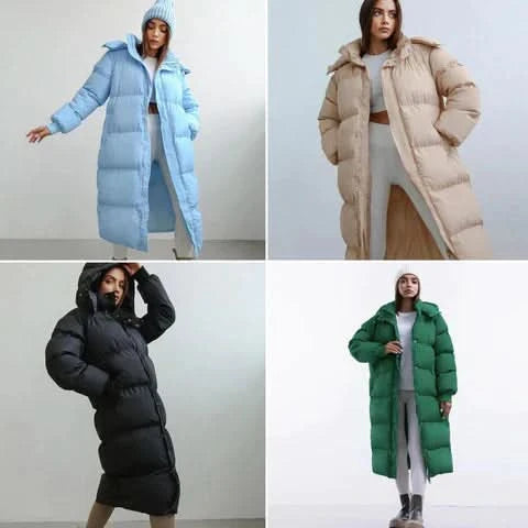 Lång quiltad dunkappa för dam – Varm vaddering – Oversized passform – Med huva