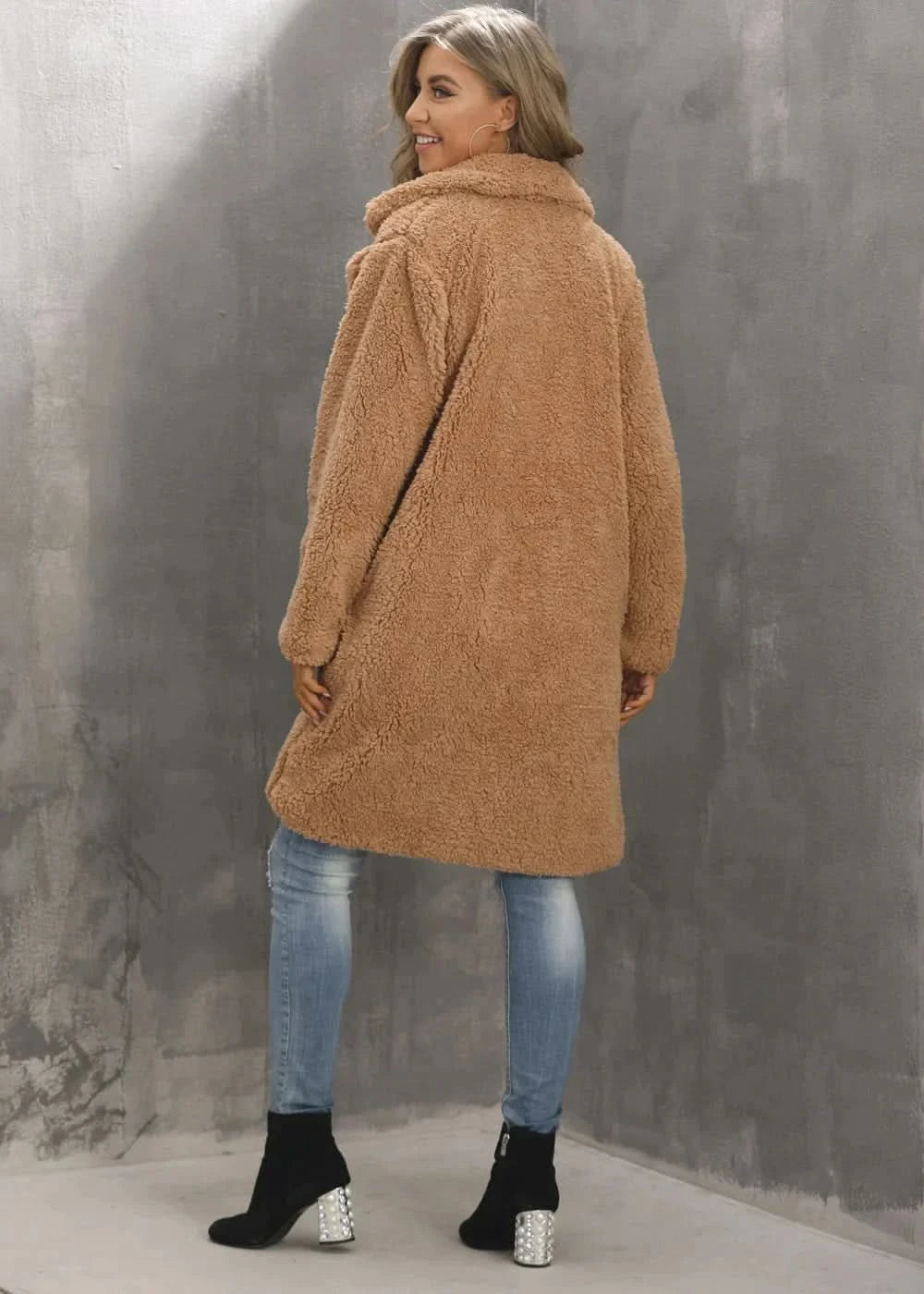 Dam Teddyjacka - Oversized Passform - Mjuk Fuskpäls - Öppen Front - Varm och Trendig