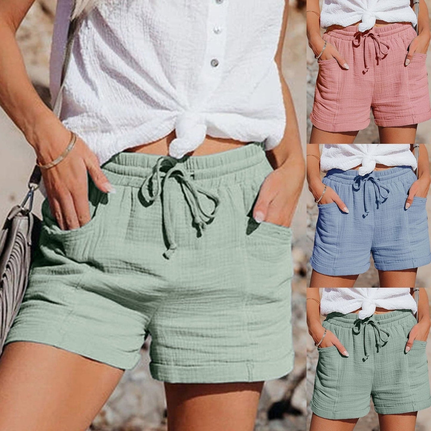 Dam Shorts - Luftig Bomull - Elastisk Midja med Dragsko - Bekväma med Fickor