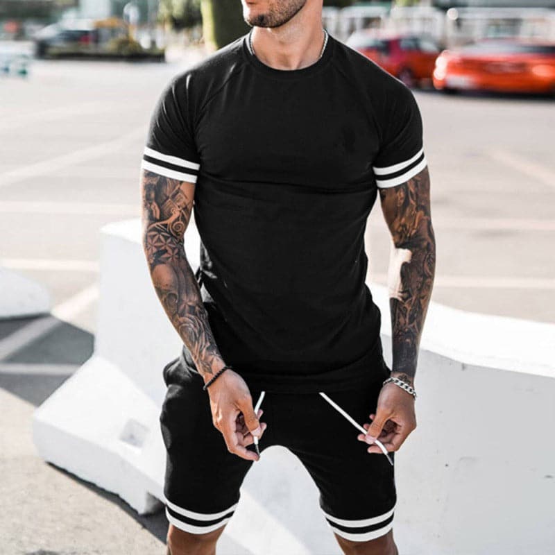 Herr Set – Kortärmad T-shirt & Shorts – Slim Fit – Andningsbart – Sportig Design