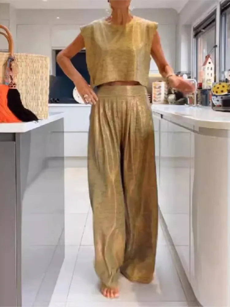 Damtvådelat Set - Ärm lös Crop Top & Vida Byxor - Bekväm Ledig Passform