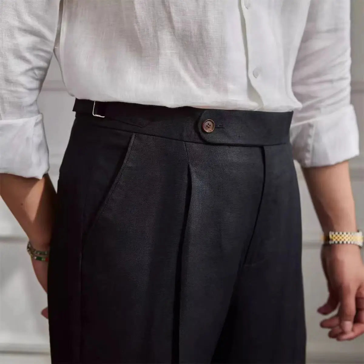 Herrbyxor – Skräddarsydda i Linne – Rak Passform – Flat Front – Formell Stil