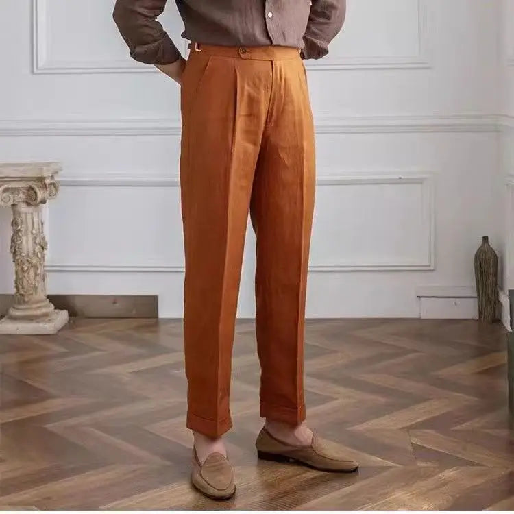 Herrbyxor – Skräddarsydda i Linne – Rak Passform – Flat Front – Formell Stil