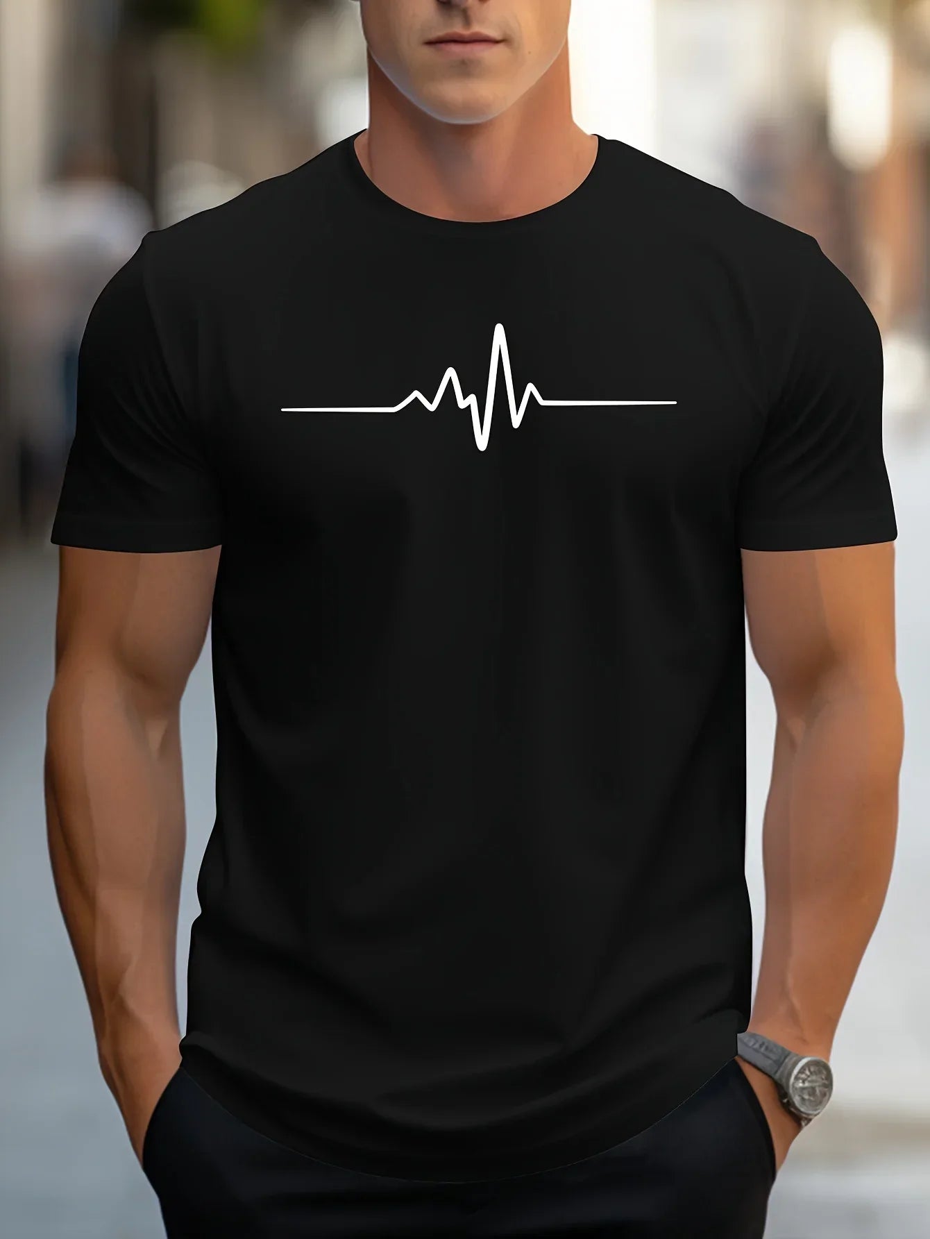 Herr T-shirt – Slim Fit – Mjukstickad – Rundhals – Kort Ärmslut – Grafiskt Tryck