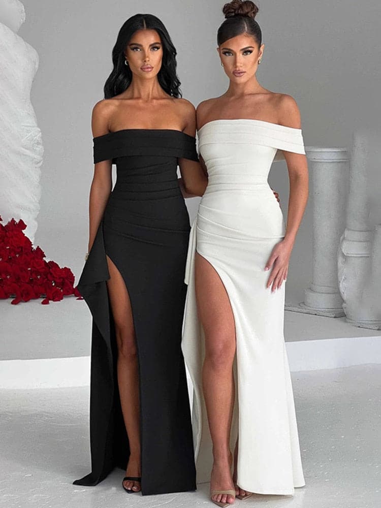 Elegant aftonklänning för dam – Off-shoulder – Figurnära passform – Golvlång med hög slits
