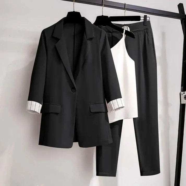 Dam Blazer Set – Skräddad Passform – Enkelknäppning – Slagkrage – Uppvikta Manschetter