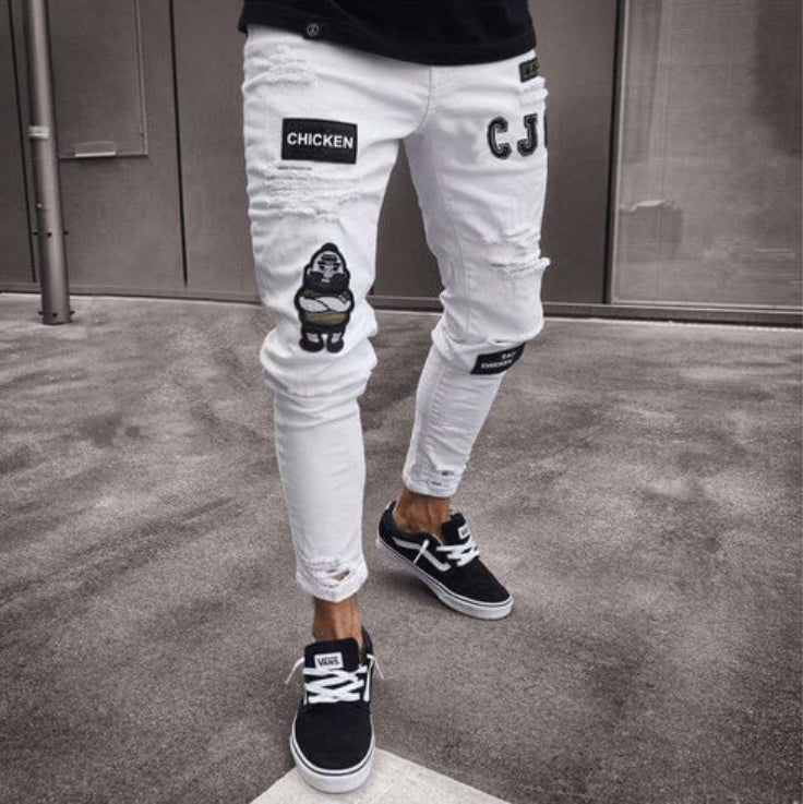 Herrjeans – Skinny Tapered Fit – Broderade Patches – Sliten Streetwear Look