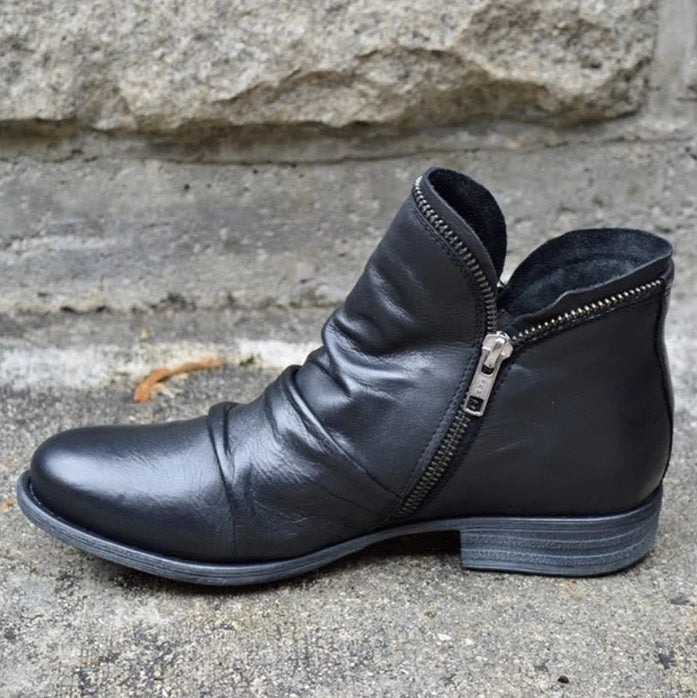 Dam Ankelboots – Slät Läder – Låg Klack – Dragkedja – Rynkad Framsida