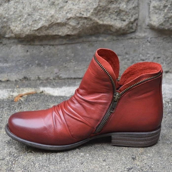 Dam Ankelboots – Slät Läder – Låg Klack – Dragkedja – Rynkad Framsida