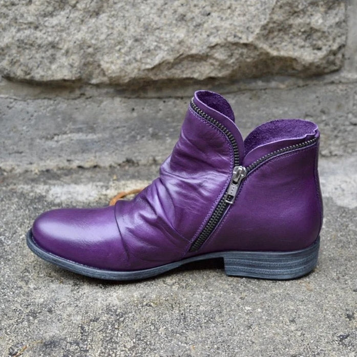 Dam Ankelboots – Slät Läder – Låg Klack – Dragkedja – Rynkad Framsida