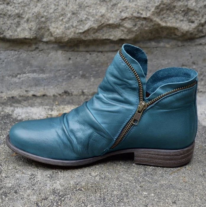 Dam Ankelboots – Slät Läder – Låg Klack – Dragkedja – Rynkad Framsida